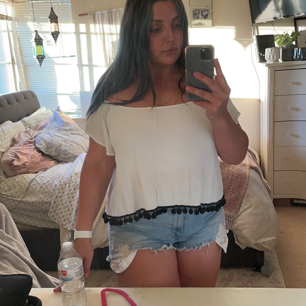 Cropped off the shoulder Pom Pom top